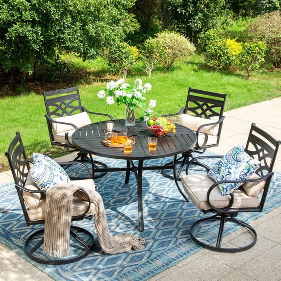 SUMMIT LIVING 5-Piece Outdoor Patio Dining Set with 1 Metal Steel Round Table & 4 Swivel Chairs with Cushion, Black & Beige