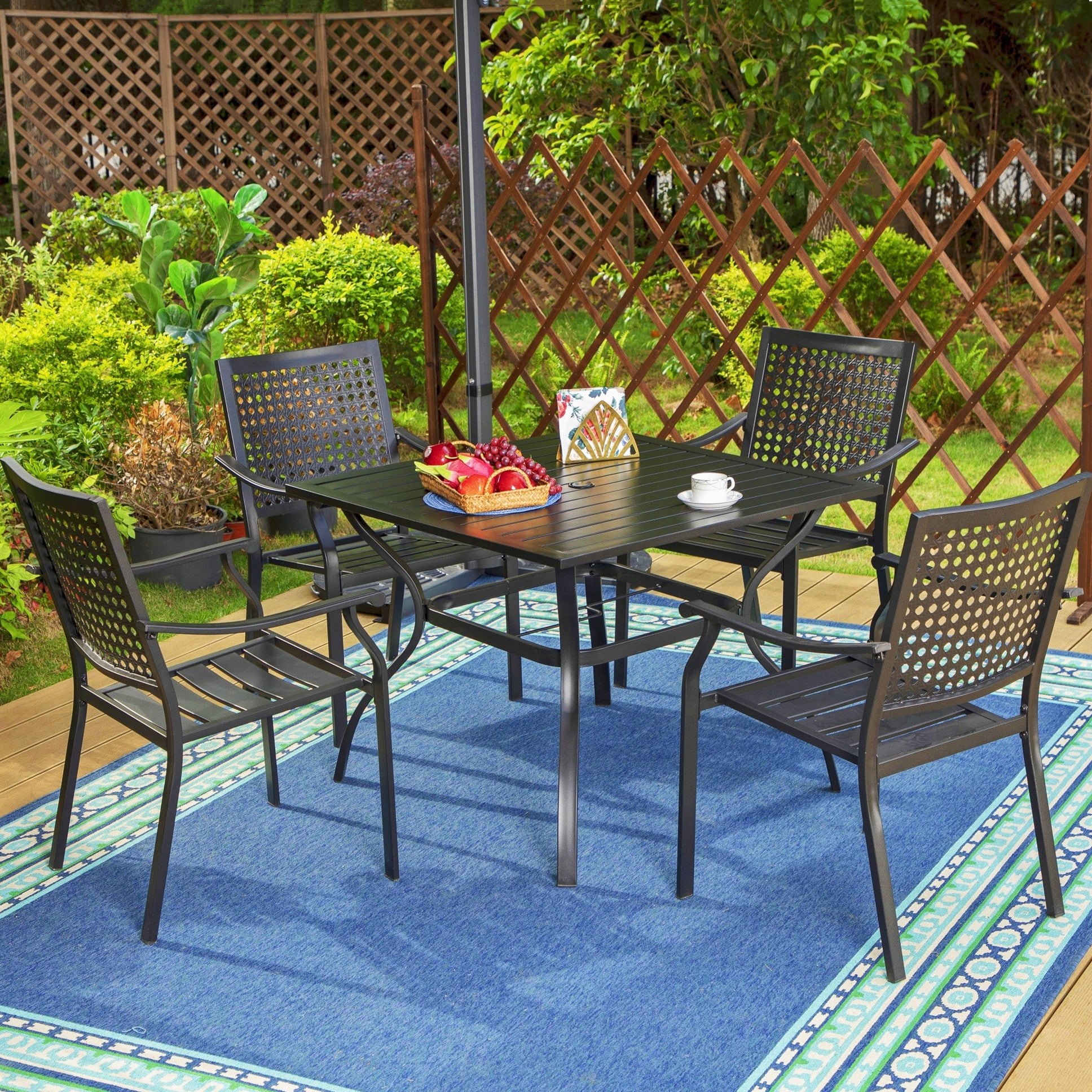 MF Studio 5-Piece Outdoor Patio Dining Set with 4 Metal Armchairs (Weight Capacity 350 lbs) & 1 Metal Square Table with Umbrella Hole, Black Sansujyuku sansujyuku.com