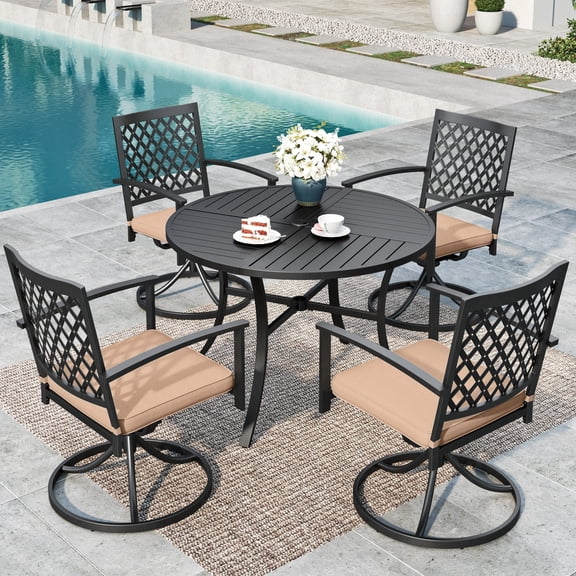 5-Piece Outdoor Patio Dining Set with Swivel Padded Chairs & Round Table, All Weather Metal Furniture, Black