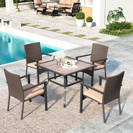 SUMMIT LIVING 5-Piece Outdoor Patio Wicker Dining Set with Cushioned Chairs & 37" Square Wood-Grain Table, Brown