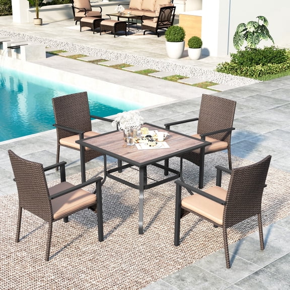 SUMMIT LIVING 5-Piece Outdoor Patio Wicker Dining Set with Cushioned Chairs & 37" Square Wood-Grain Table, Brown