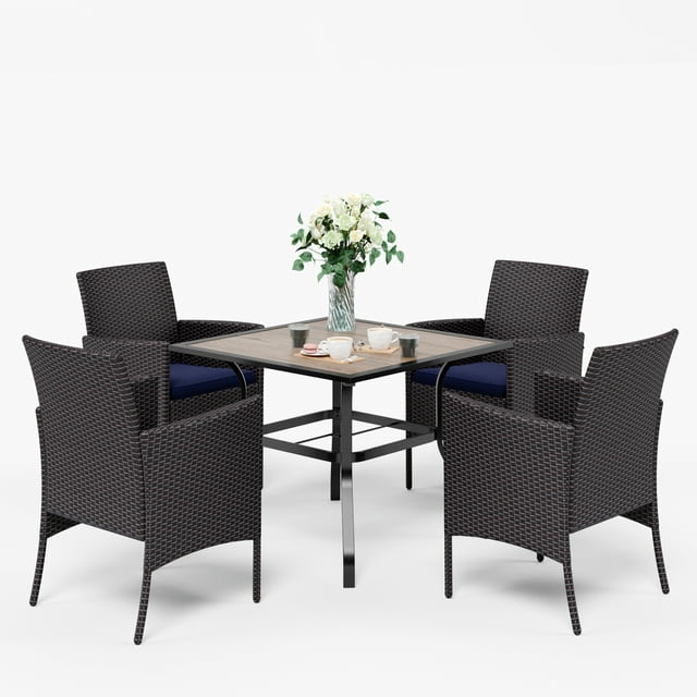 MF Studio 5 Piece Outdoor Patio Dining Set with 4 Rattan Dining Chairs and 1PC Outdoor Dining Table, Wooden Like Table top