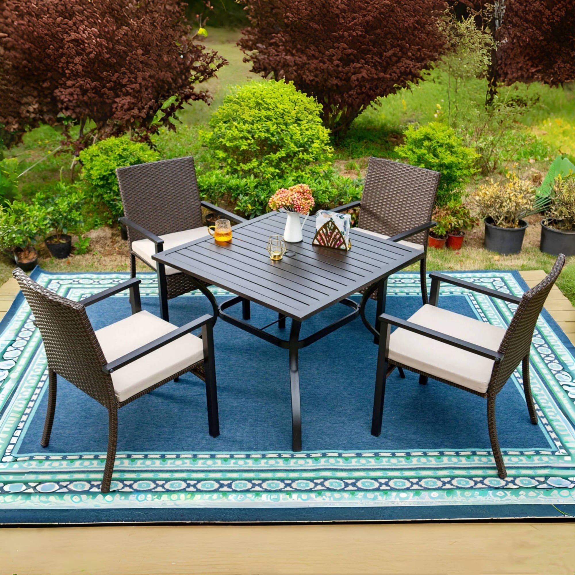 5 piece patio set with umbrella walmart MF Studio 5-Piece Outdoor Patio Dining Set with 4 Wicker Cushioned  Armchairs & 1 Square Table, Umbrella Support, Black & Dark Brown