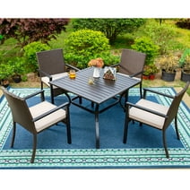 MF Studio 5-Piece Outdoor Patio Dining Set with 4 Wicker Cushioned  Armchairs & 1 Square Table, Umbrella Support, Black & Dark Brown