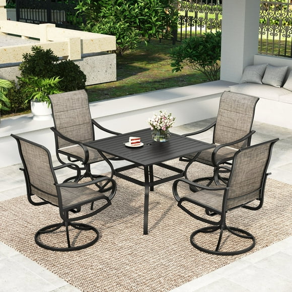 MF Studio 5-Piece Outdoor Patio Dining Set with High-Back Padded Swivel Chairs & Square Table for 4-Person, Umbrella Support, Black & Brown-Gray