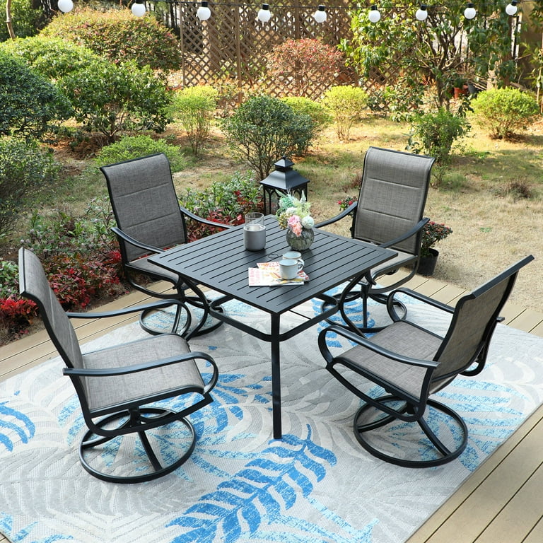 MF Studio 5 Piece Outdoor Patio Dining Set with High Back Padded Swivel Chairs Square Table for 4 Person Umbrella Support Black Brown Gray