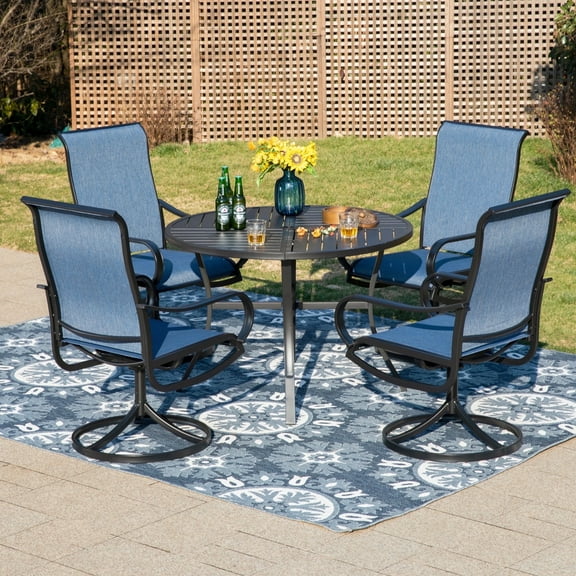 Summit Living 5-Piece Outdoor Patio Dining Set with High-Back Swivel Sling Chairs & Round Table for 4-Person with Umbrella Hole, Black & Blue