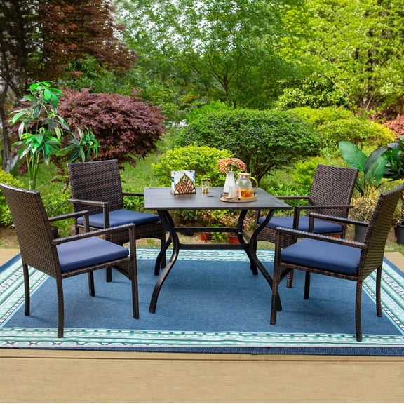 SUMMIT LIVING 5-Piece Outdoor Patio Dining Set with Metal Square Dining Table and 4 Rattan Chairs for Outdoor, Navy Blue