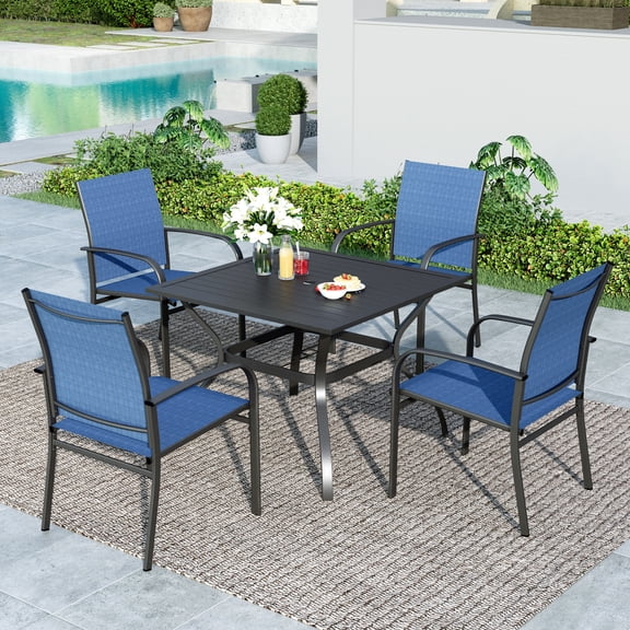 MF Studio 5-Piece Outdoor Patio Dining Set with Metal Steel Square Table & Textilene Chairs for 4-Person, Black & Blue