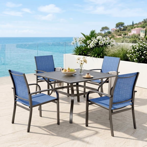 SUMMIT LIVING 5-Piece Outdoor Patio Dining Set with Metal Steel Square Table & Textilene Chairs for 4-Person, Black & Blue
