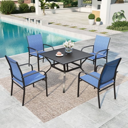 MF Studio 5-Piece Outdoor Patio Dining Set with Metal Steel Square Table & Textilene Chairs for 4-Person, Black & Blue