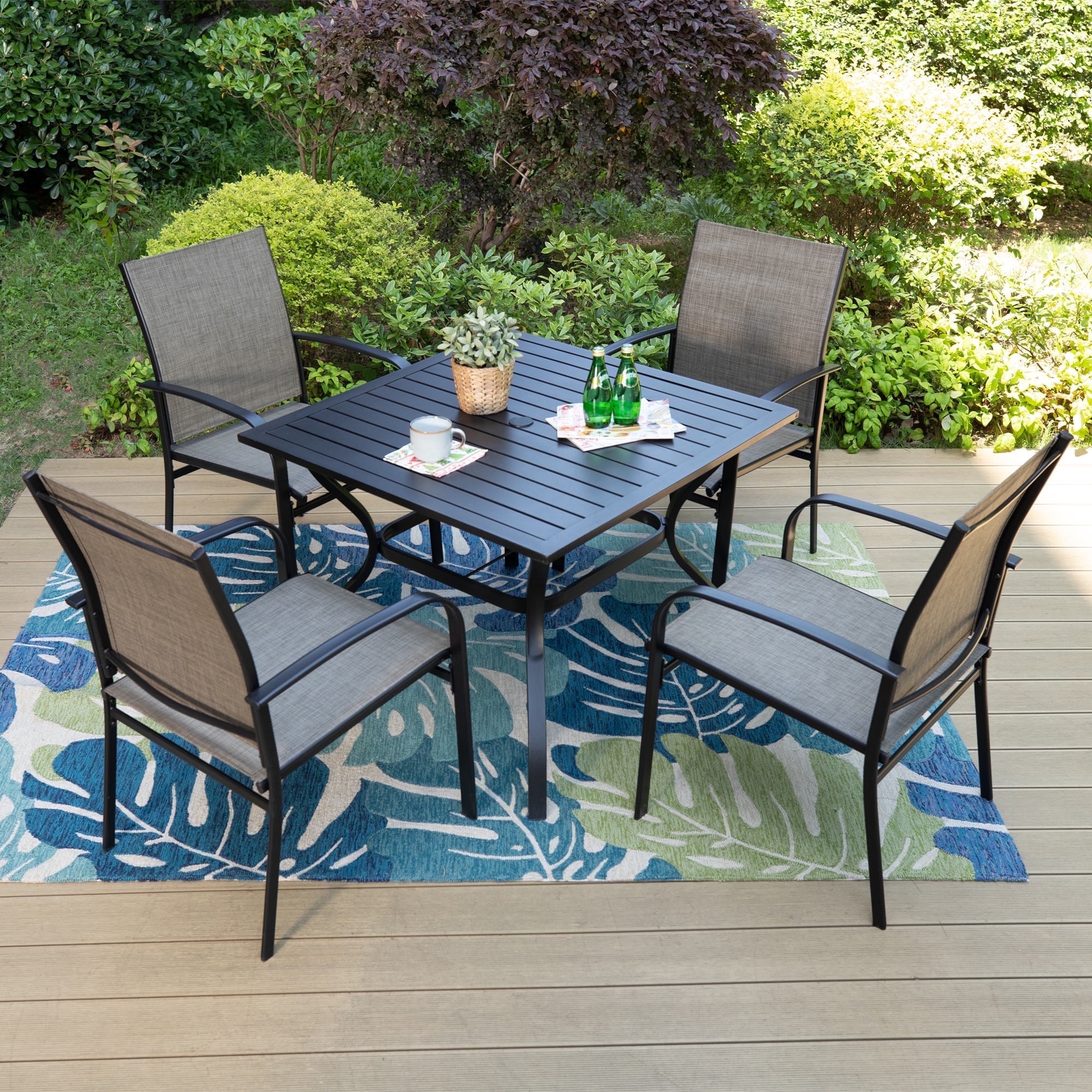 Free Shipping! MF Studio 5-Piece Outdoor Patio Dining Set with Metal Steel Square Table & Textilene Chairs for 4-Person, Black & Brown