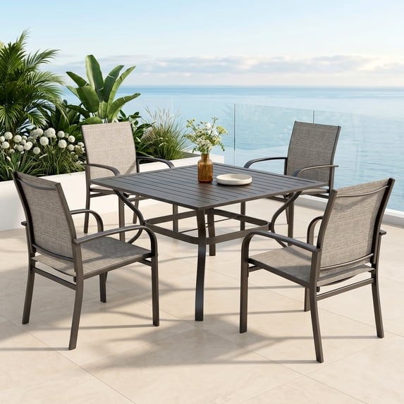 MF Studio 5-Piece Outdoor Patio Dining Set with Metal Steel Square Table & Textilene Chairs for 4-Person, Black & Brown