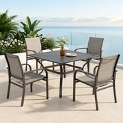 MF Studio 5-Piece Outdoor Patio Dining Set with Metal Steel Square Table & Textilene Chairs for 4-Person, Black & Brown
