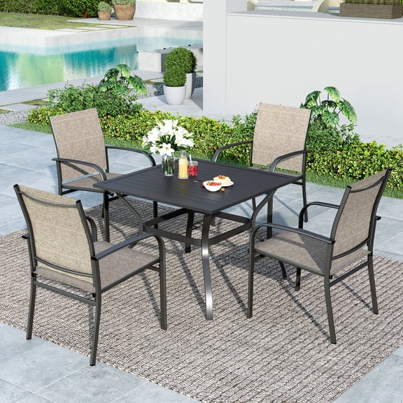 MF Studio 5-Piece Outdoor Patio Dining Set with Metal Steel Square Table & Textilene Chairs for 4-Person, Black & Brown