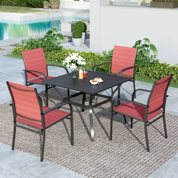 MF Studio 5-Piece Outdoor Patio Dining Set with Metal Steel Square Table & Textilene Chairs for 4-Person, Black & Red