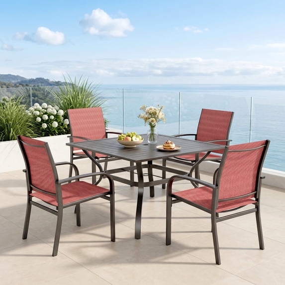 MF Studio 5-Piece Outdoor Patio Dining Set with Metal Steel Square Table & Textilene Chairs for 4-Person, Black & Red