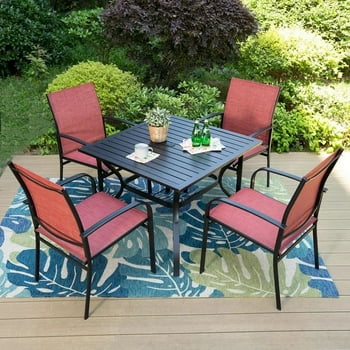 MF Studio 5-Piece Outdoor Patio Dining Set with Metal Steel Square Table & Textilene Chairs for 4-Person, Black & Red
