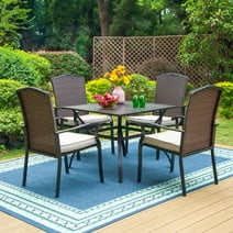 MF Studio 5 Piece Outdoor Patio Dining Set with Padded Wicker Chairs and Metal Steel Square Table, Dark Brown