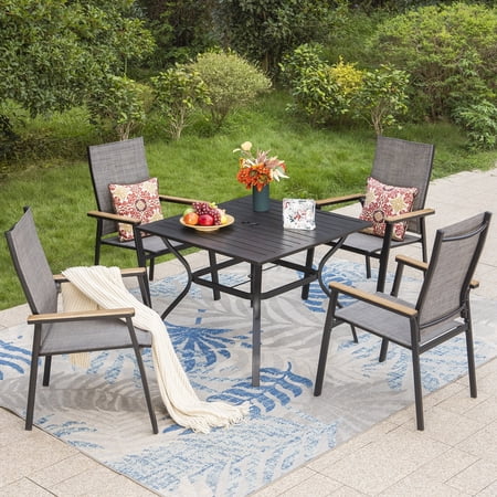 MF Studio 5-Piece Outdoor Patio Dining Set with Stackable Aluminum Armchairs & Square Dining Table, Black & Gray