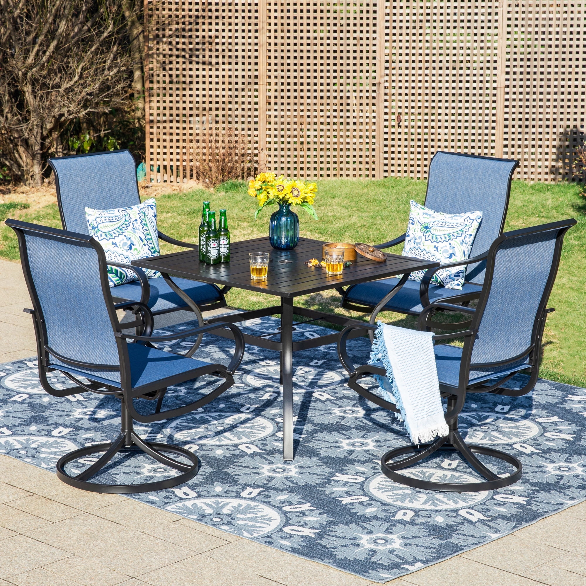 MF Studio 5-Piece Outdoor Patio Dining Set with Swivel Chairs and Square Table, Black and Blue