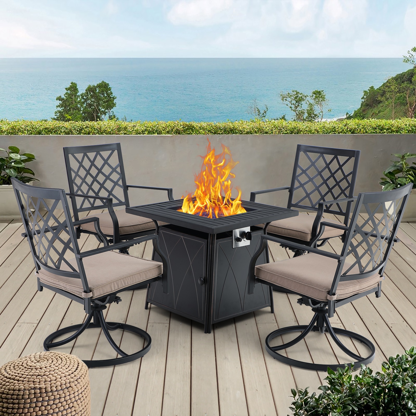 MF Studio 5-Piece Outdoor Patio Gas Fire Pit Set with 28" 50,000 BTU Fire Pit Table and 4 PCS Swivel Dining Chairs, Beige&Black - image 1 of 13