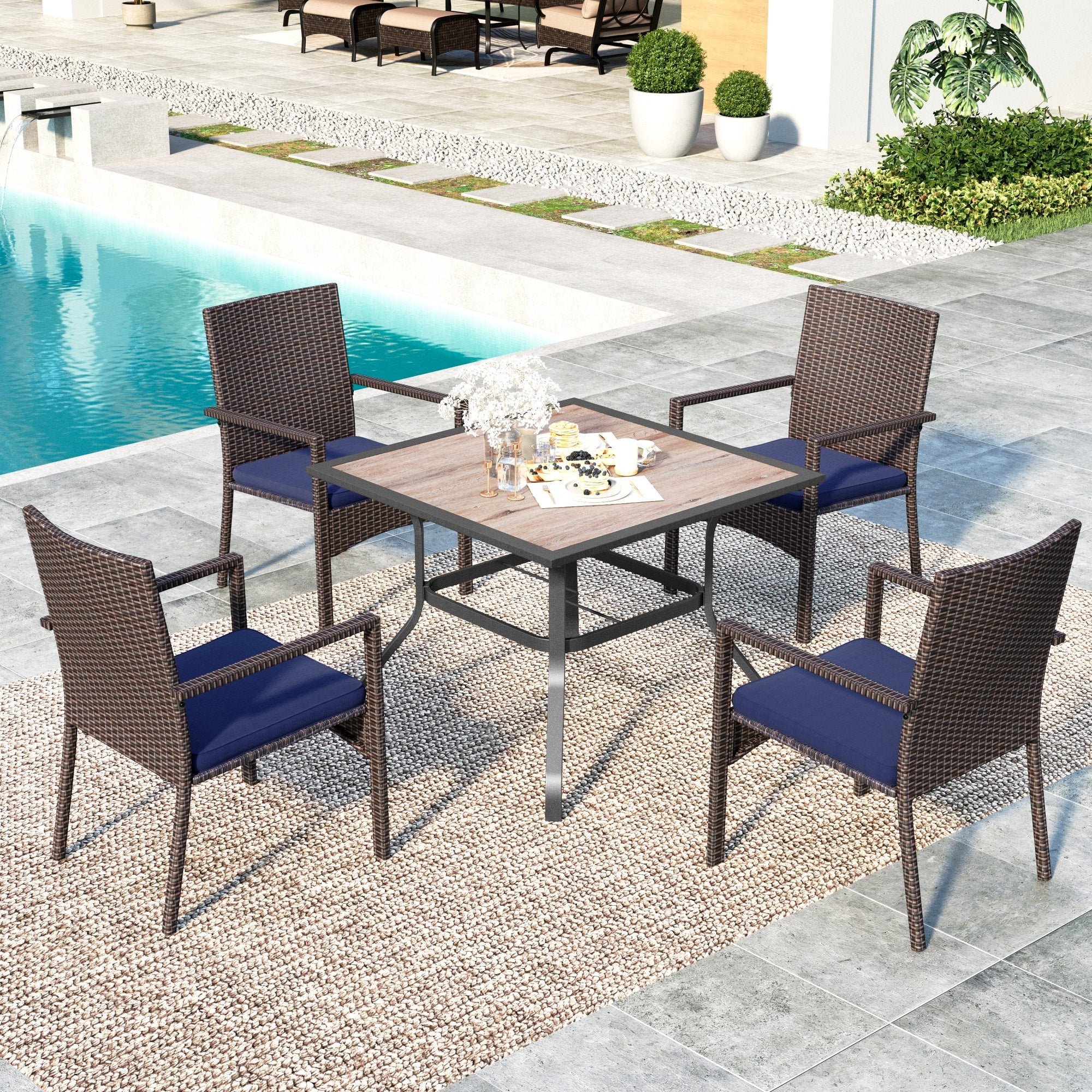 SUMMIT LIVING 5-Piece Patio Dining Set, 4 Wicker Cushioned Chairs & 37" Wood-Like Square Table, Navy Blue