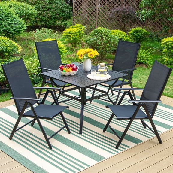 MF Studio 5-Piece Patio Dining Set, High Back Aluminum Folding Sling Chairs & Square Metal Table for 4-Person, Black