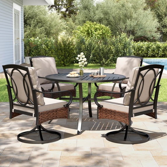 MF Studio 5-Piece Outdoor Patio Dining Furniture Set, Round Patio Table and Swivel Chairs with Cushions, Black & Beige