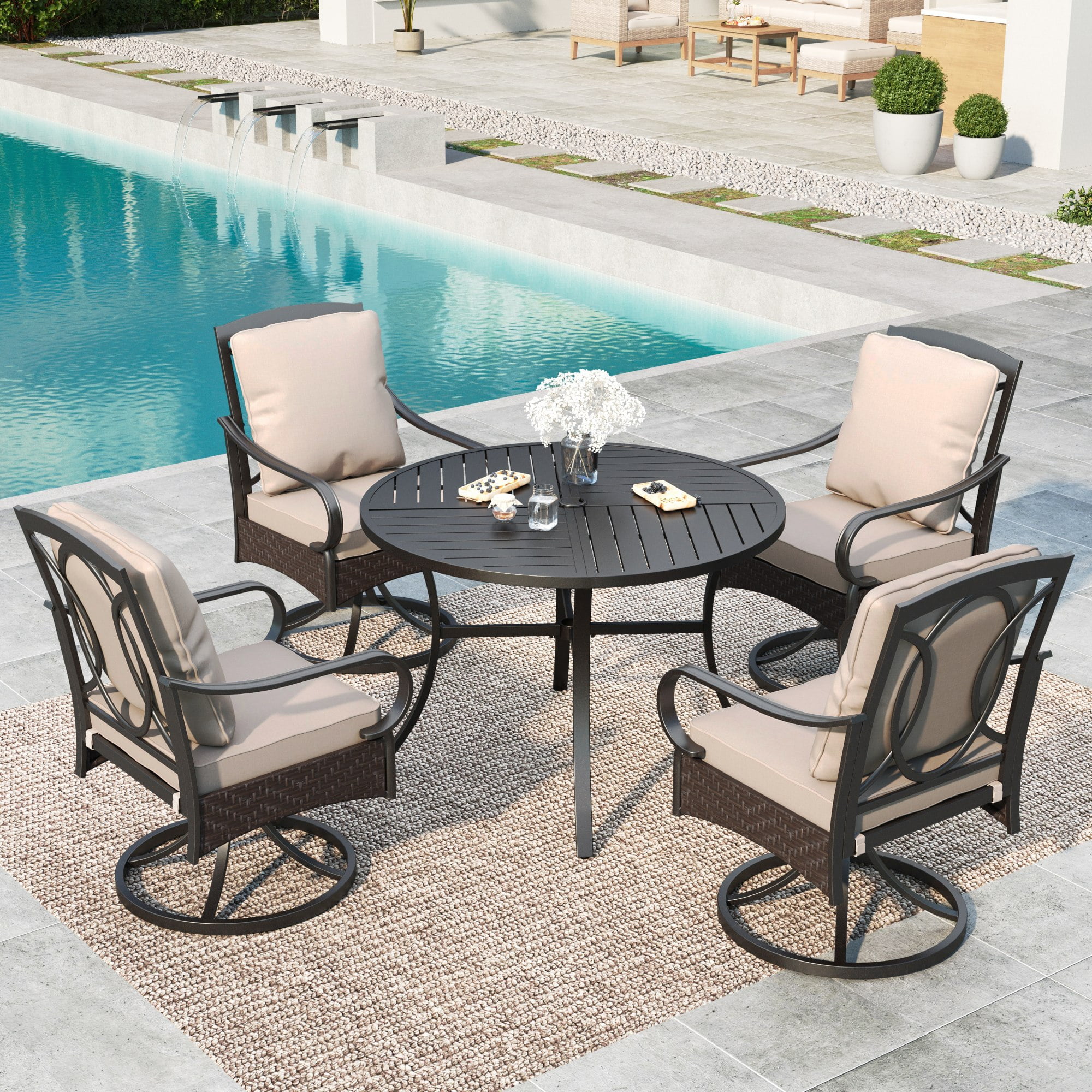 MF Studio 5 Piece Patio Dining Set Wicker Swivel Chairs with Seat Back Cushions Round Table Black Beige