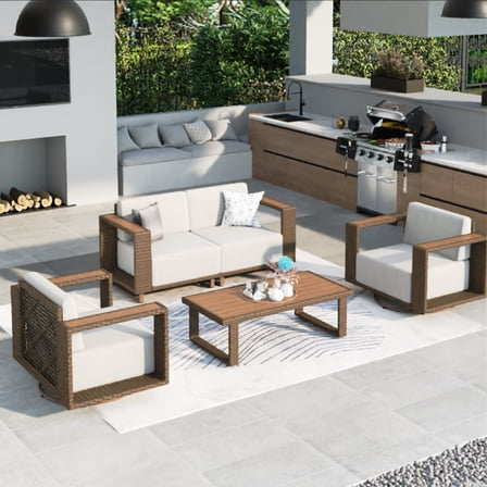 MF Studio 5-Piece Patio Furniture Set with Swivel Chairs, Wicker Outdoor Conversation Sofa Set with Coffee Table, Beige
