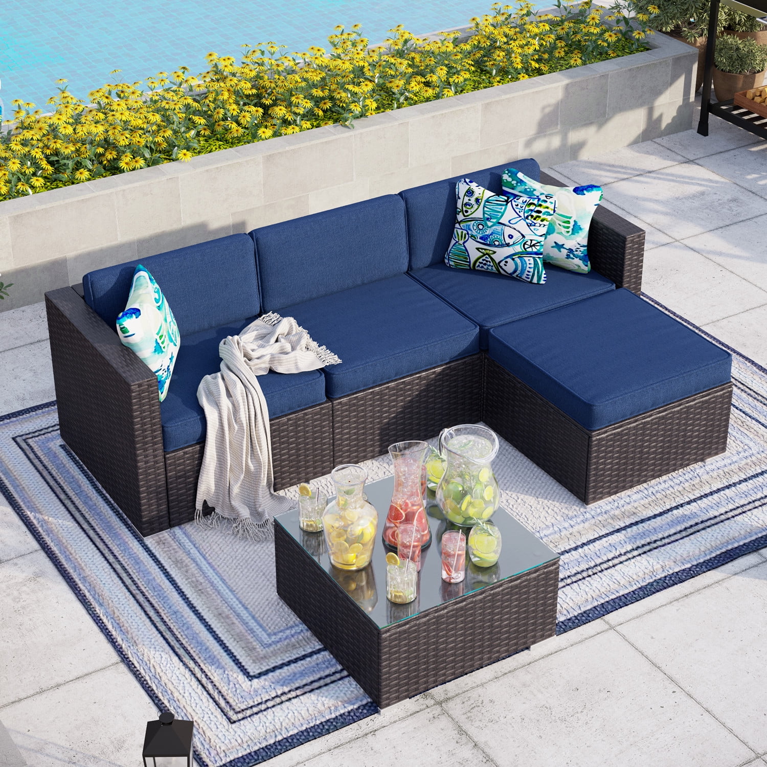 Mf Studio 5 Piece Patio Sofa Set Outdoor Furniture Sectional All Weather Wicker Rattan Navy Blue