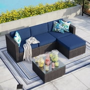 MF Studio 5 Piece Patio Sofa Set Outdoor Furniture Sectional All-Weather Wicker Rattan Sofa Navy Blue