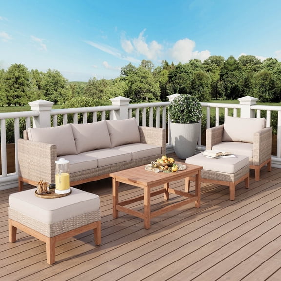 MF Studio 5 Pieces Outdoor Patio Conversation Set Wicker Furniture Sectional Sofa Set with Solid Acacia Wood Frame Beige