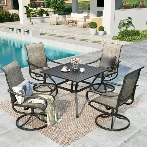 MF Studio 5 Pieces Outdoor Patio Dining Set with Swivel Textilene Chairs and Square Metal Patio Table with Umbrella Hole for 4 People, Black & Brown-gray