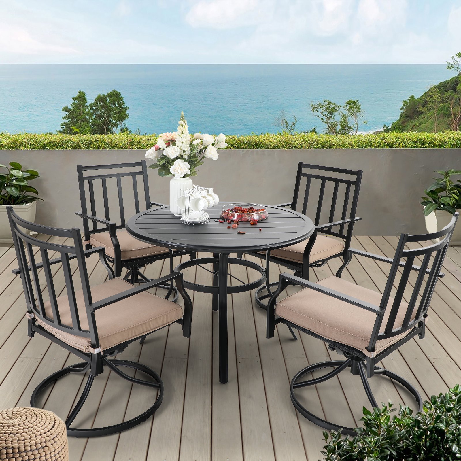 MF Studio 5 Pieces Patio Dining Sets with 4 Pieces Swivel Dining Chairs and 1 Piece Round Dining Table Suitable for 4 People, Beige Seat Cushion - image 1 of 7