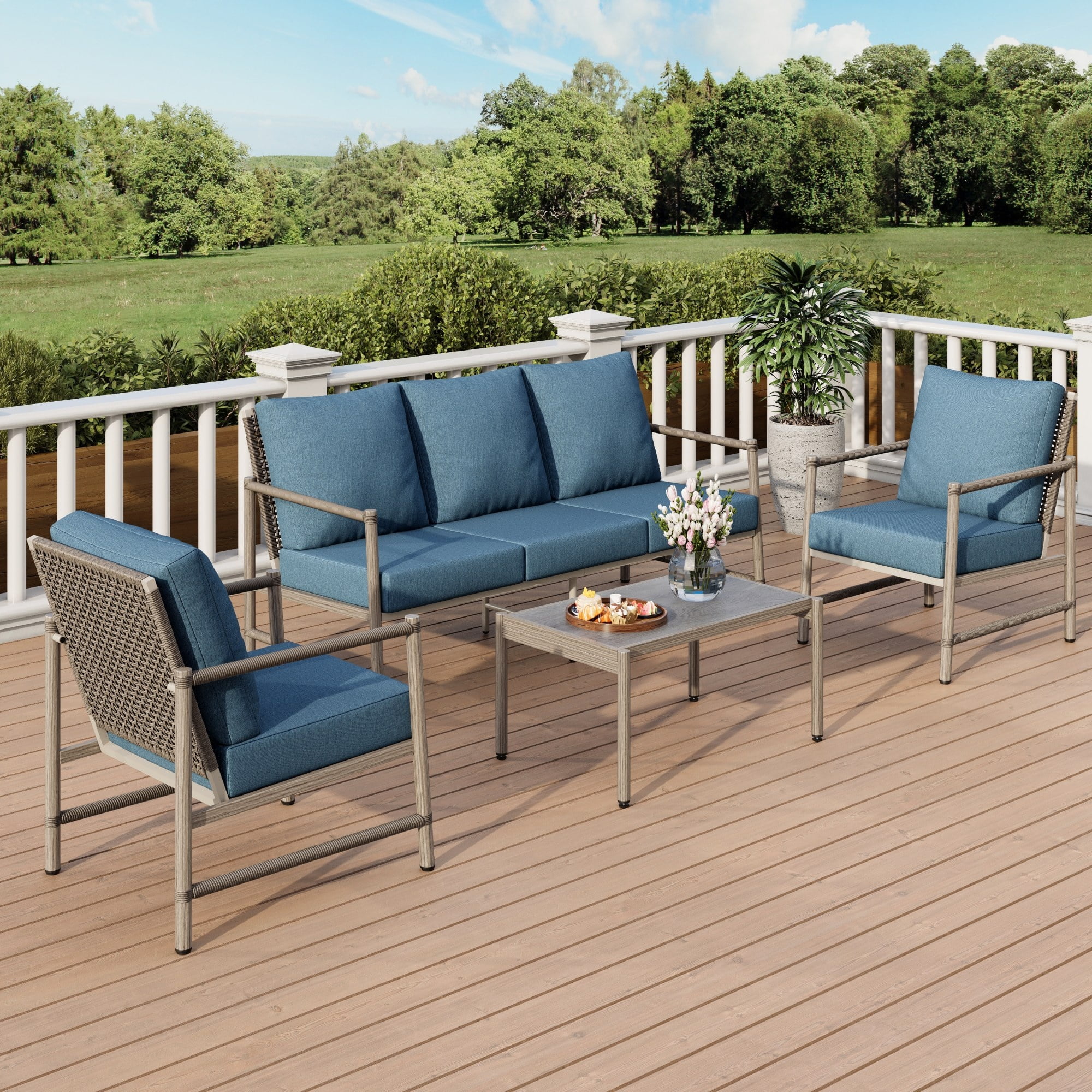 MF Studio 5-Seat Outdoor Patio Conversation Set, Country Farmhouse Wood-Grained Metal Frame & Wicker Back, Gray & Blue