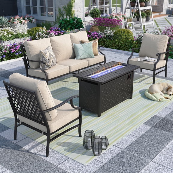 MF Studio 5-Seat Outdoor Patio Furniture Set with Fire Pit Table Metal Patio Conversation Set Beige