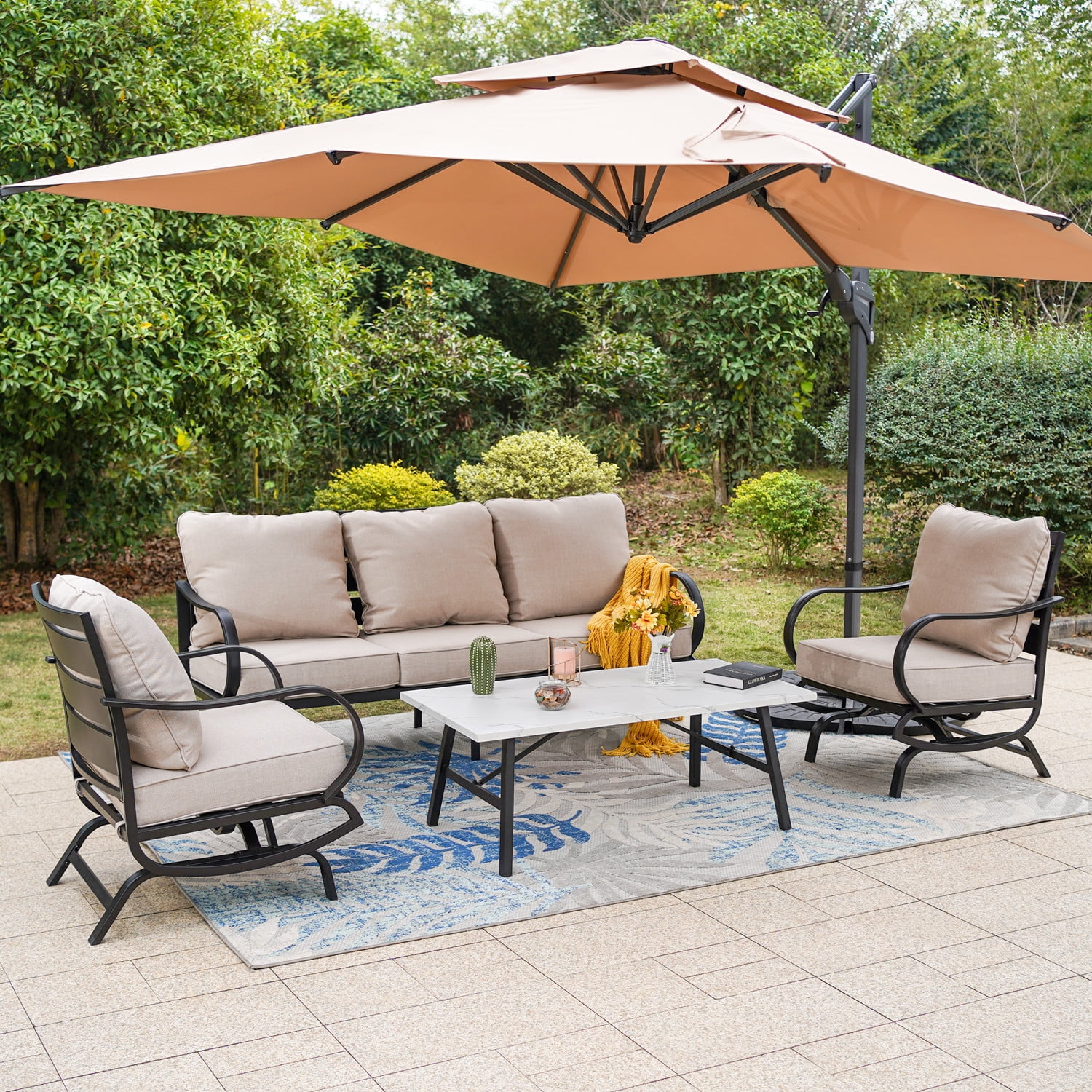 MF Studio 5-Seat Patio Conversation Set Metal Outdoor Furniture Sofa Set for 5 Person Beige