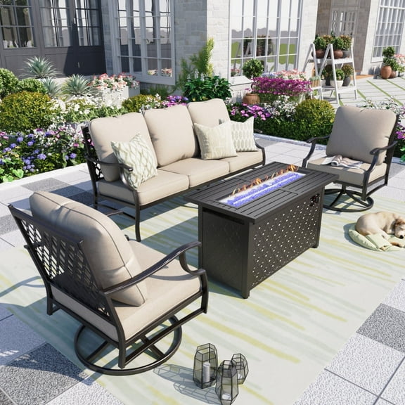 MF Studio 5 Seater Outdoor Patio Furniture Set with Fire Pit Metal Patio Conversation Set with Swivel Chair Sofa Beige