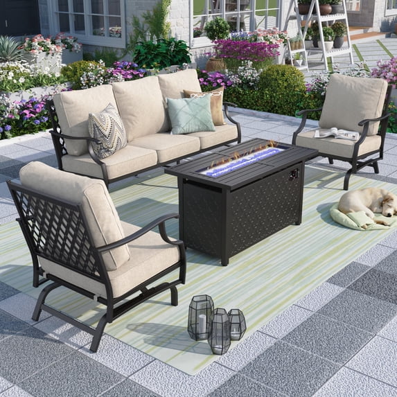 MF Studio 5-Seater Outdoor Patio Furniture Set with Fire Pit Table Metal Patio Conversation Set with Rocking Chair Sofa Beige