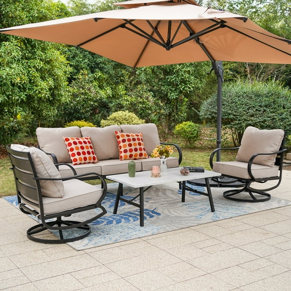 MF Studio 5-Seater Patio Conversation Set Metal Outdoor Furniture with Swivel Chair Sofa Beige