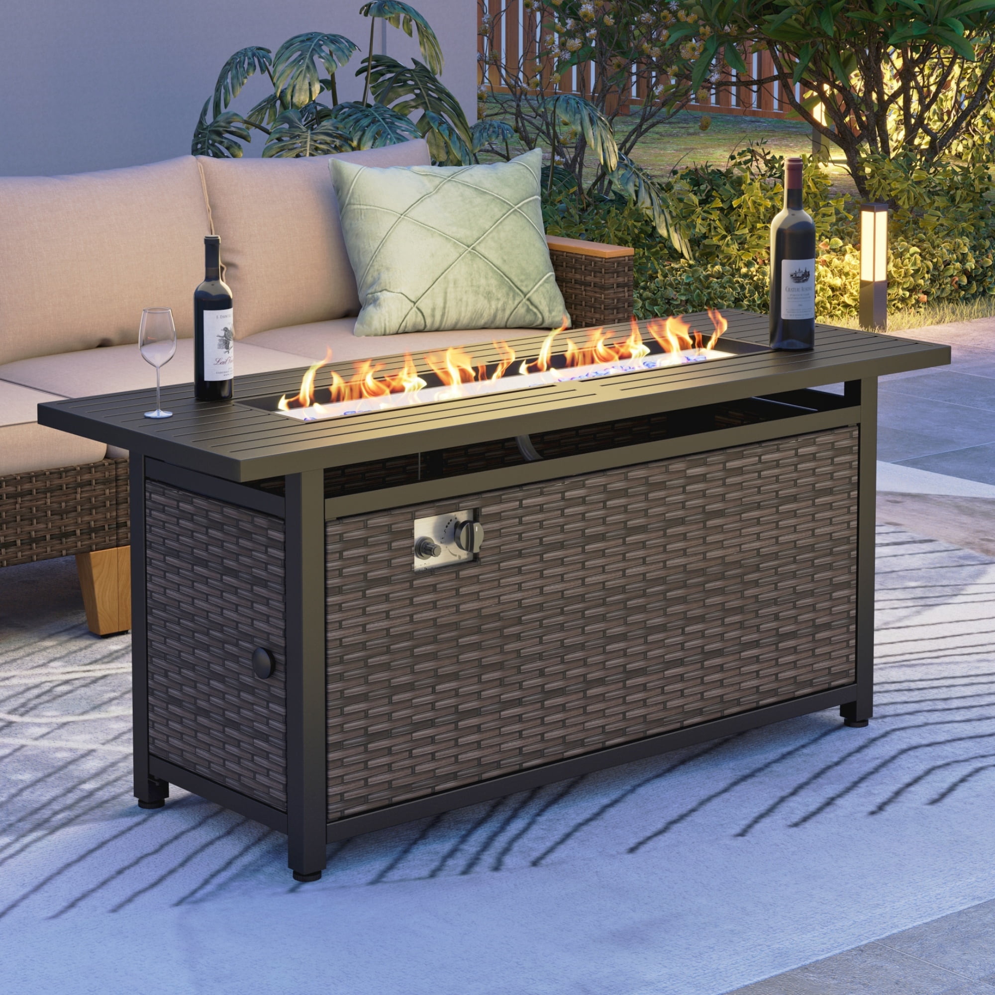 MF Studio 56" Rectangular Gas Fire Pit Table, 50,000 BTU Wicker Propane Fire Pit with Lid & Blue Fire Glass, Black & Brown