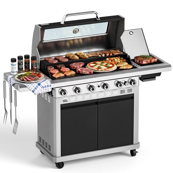 MF Studio 6 Burner Propane Gas Grill with Griddle Zone & 13500 BTU Infrared Side Burner – 840 sq.in Extra Large Cooking Area Outdoor BBQ Grill - Black