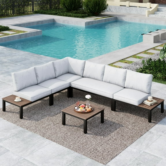 MF Studio 6-Piece Metal Outdoor Patio Furniture set with Wood-Grain Coffee Table, 6-Seat Outdoor Patio Sectional Conversation Set with Side Table, Gray