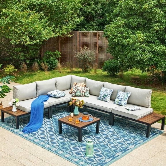 SUMMIT LIVING 6-Piece Outdoor Patio Furniture Set with Modular Sofa, Outdoor Patio Sectional Set with Wood Coffee Table and Built-in Side Table for Balcony & Couch