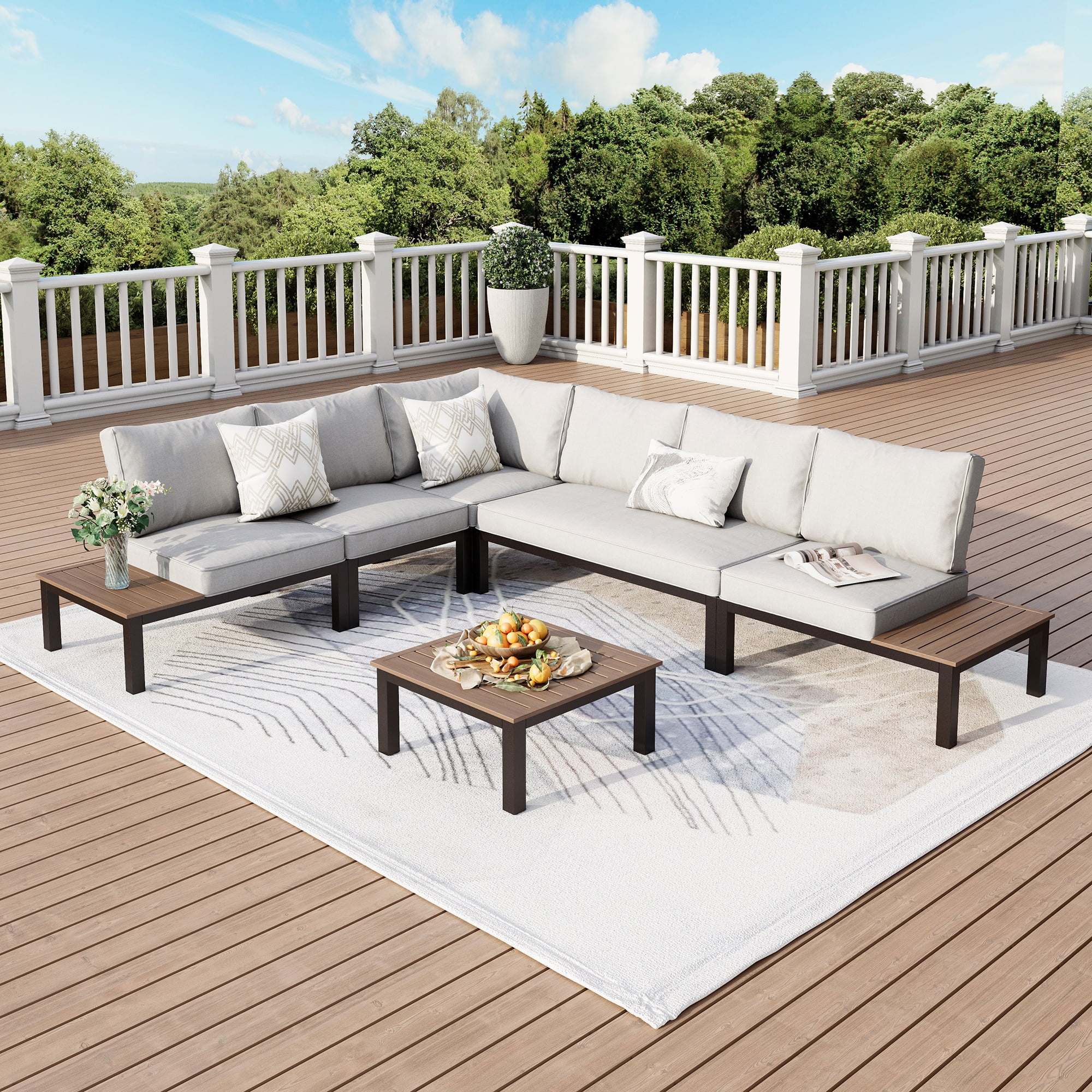 Wood Garden Sofa Set Metal Coffee Table Outdoor Sectional Metal