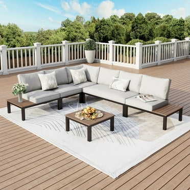 MF Studio 6-Piece Metal Outdoor Patio Furniture set with Wood-Grain Coffee Table, Outdoor Patio Sectional Conversation Set with Side Table, Gray