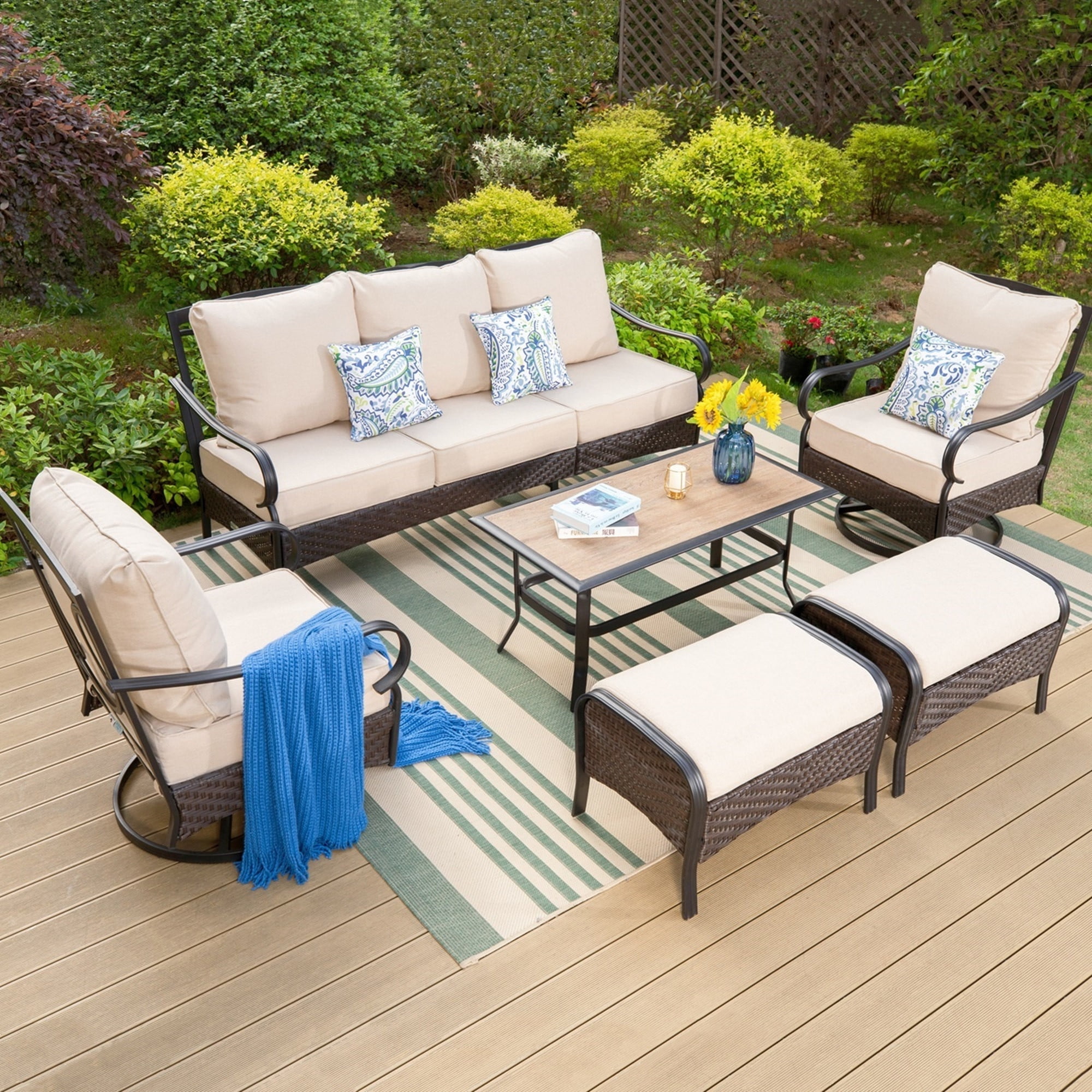 MF Studio 6 Piece Outdoor Conversation Set with 3 Seat Sofa Swivel Chairs Ottomans 7 Person Patio Seating Group with Cushions Black Beige