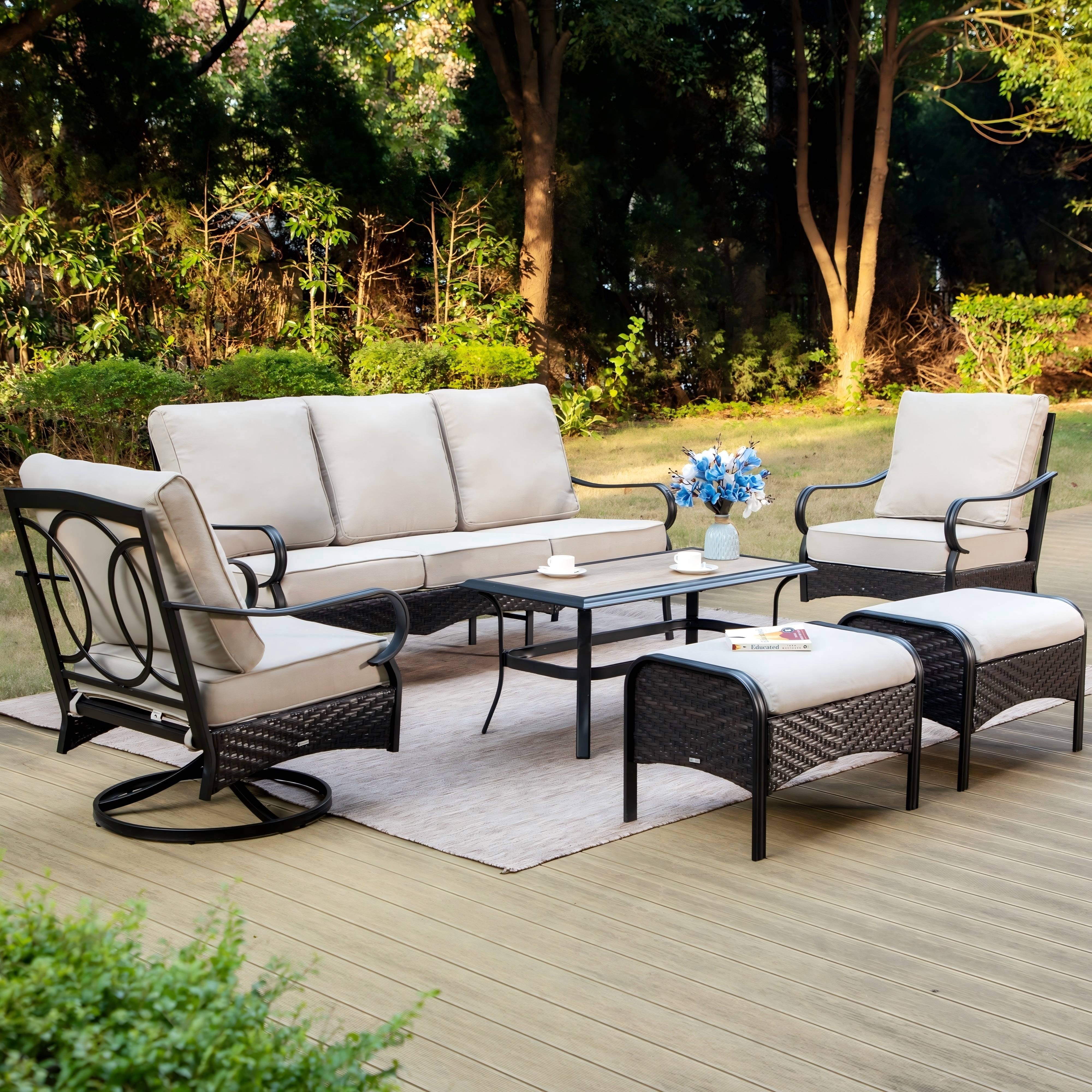 SUMMIT LIVING 6-Piece Outdoor Patio Furniture Set with Swivel Chairs & Ottomans, 7-Seat Outdoor Patio Conversation Set with Cushions, Black & Beige